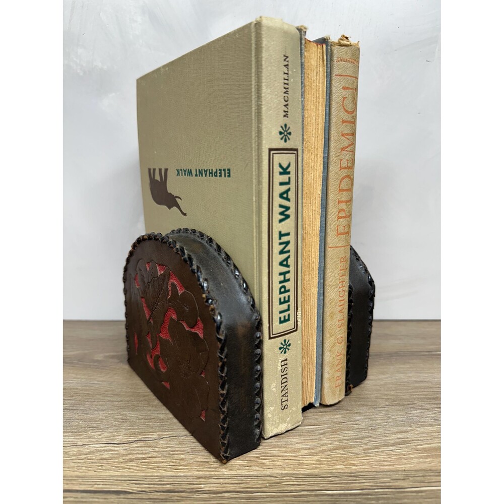 Vintage Dark Leather Floral Etched Western Whipstitch Bookends S/2 4.5x5.5"